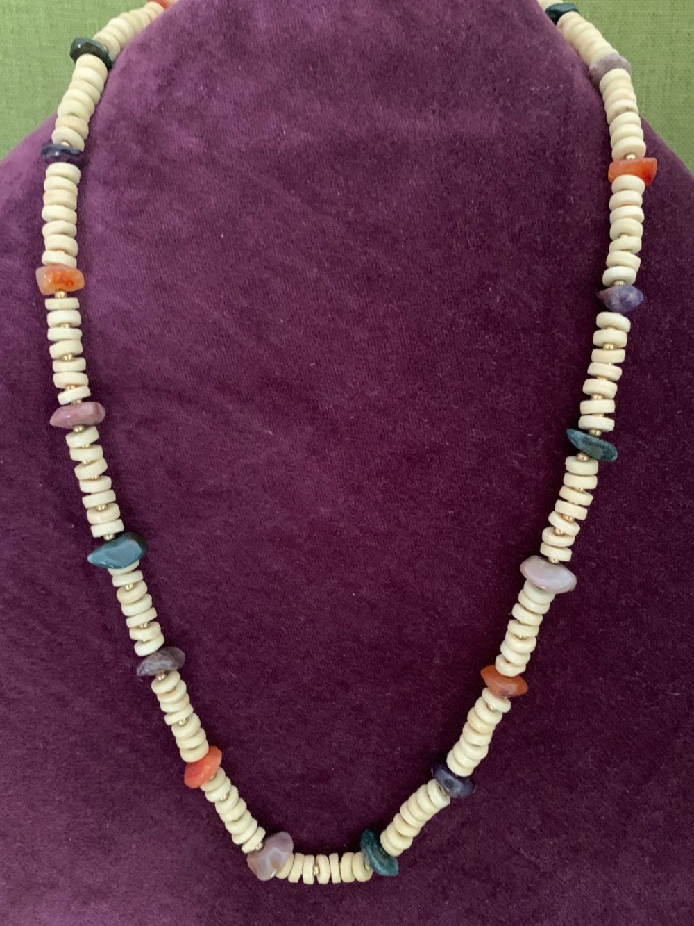 Vintage Carol Dauplaise Signed Gemstone Heishi Necklace 28”